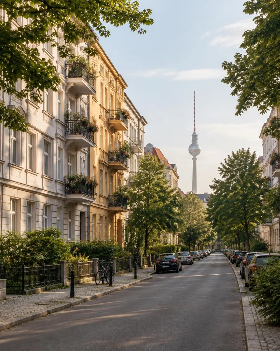 Ruhige Berliner Altbaustraße im Morgenlicht mit dem Fernsehturm im Hintergrund