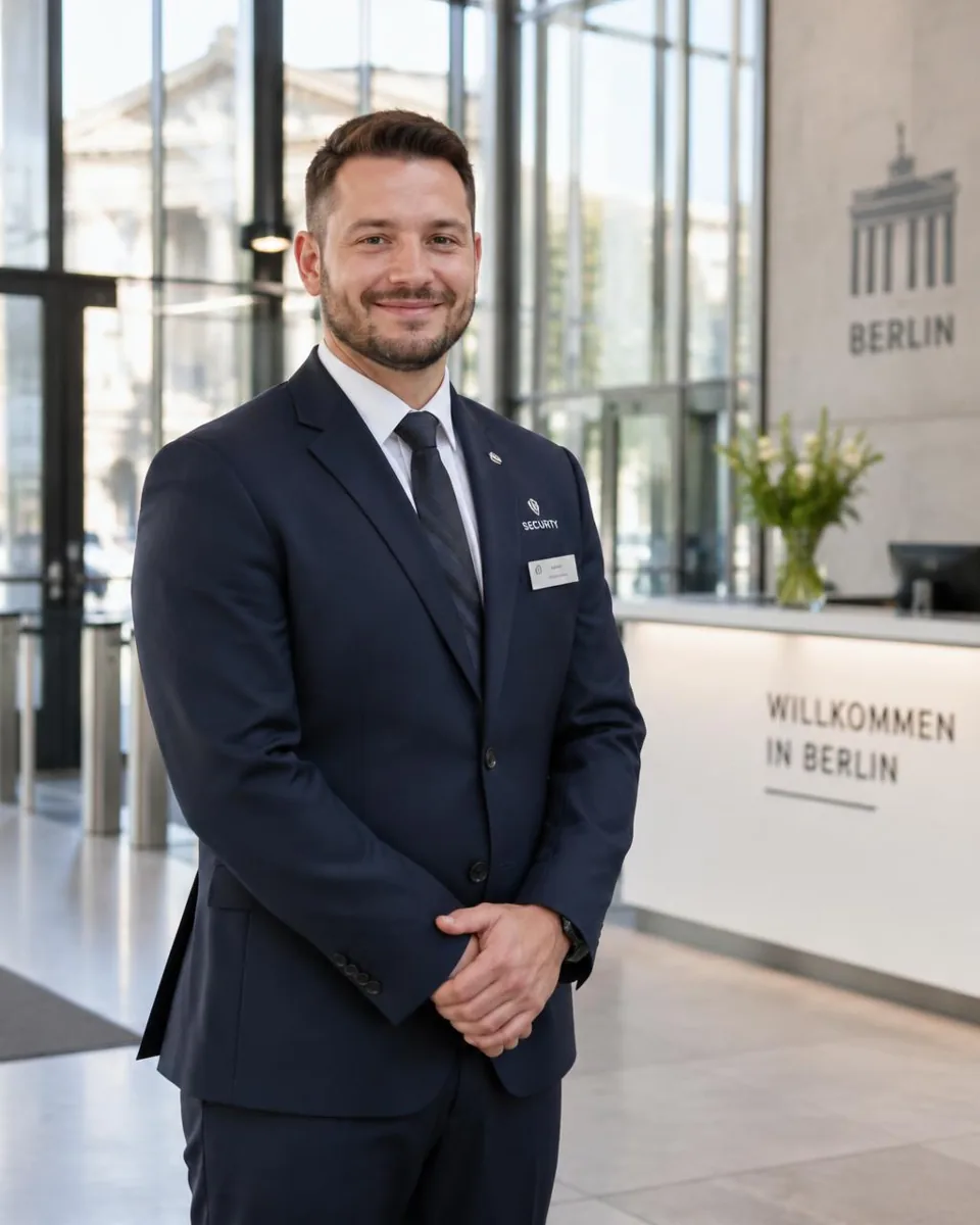 Sicherheitsmitarbeiter im dunklen Anzug steht ruhig und freundlich im hellen Eingangsbereich eines Bürogebäudes