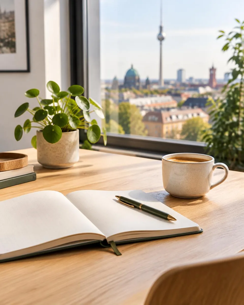 Heller Arbeitstisch mit Notizbuch und Kaffee vor einem Fenster mit Blick über Berlin