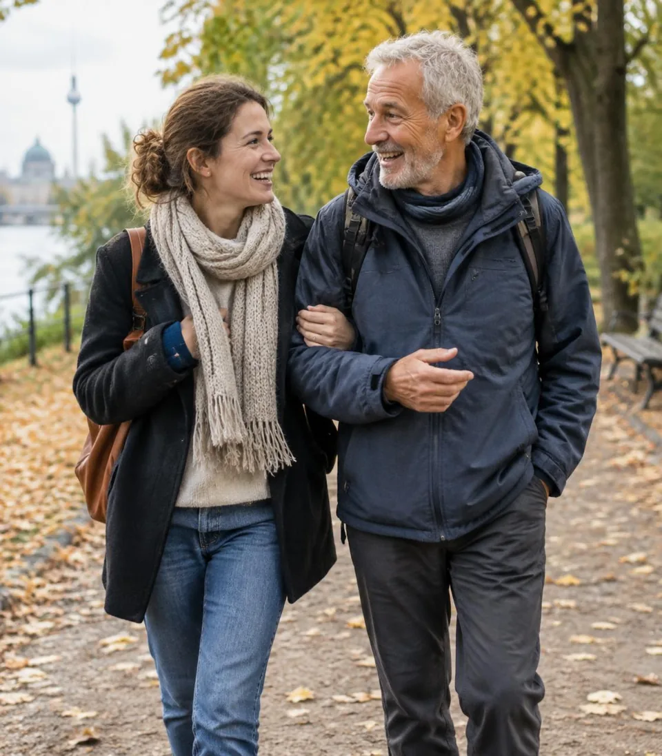Alltagshelferin begleitet einen älteren Herrn bei einem Spaziergang im herbstlichen Park